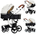 PU Leather 2 in 1 Baby Stroller, Convertible Pram, Reversible Standard Stroller, Portable Buggy, Infant Carriage, Foldable High Landscape Pushchair Toddler Newborn (2US518-White)