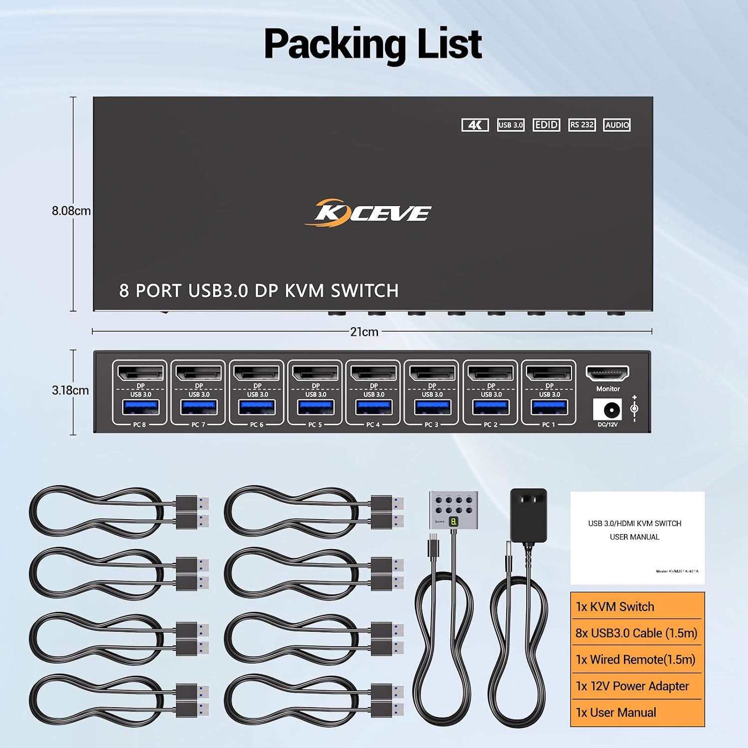 8 Port HDMI Displayport KVM Switch 2 Monitors 8 Computers 4K@60Hz EDID Simulation,8 PC Dual Monitor KVM Switch with 4 USB 3.0 Ports,Audio,RS232,with Wired Remote,12V Power Adapter and 8 USB Cable