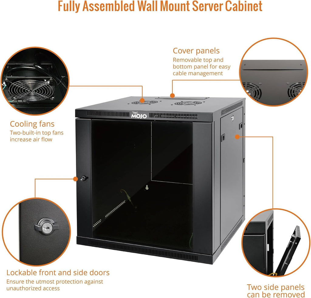 Tecmojo 12U Wall Mount Rack,12U Rack 17.7 Inch Depth,Hold Up to 176 Lbs,Enclosed Wall Mount Rack Kit for 19 Inch Network,Server and AV Gear,Glass Door(Elite Collection)