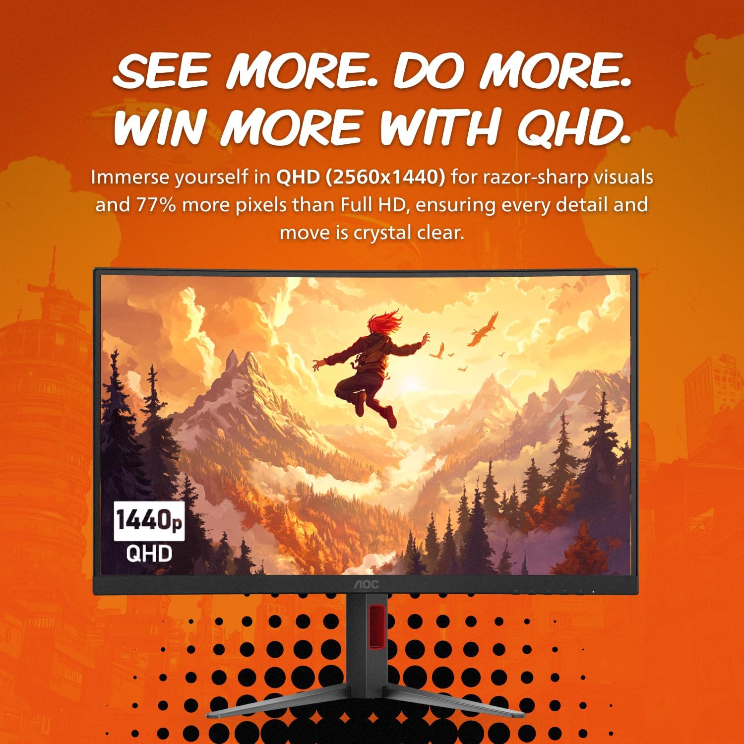 AOC CQ27G4ZH 27' Curved Gaming Monitor, QHD 2K 2560x1440, 1500R VA, 300Hz 0.3ms MPRT, HDMI x2, DP x1, Height Adjustable Stand, HDR, 3-Year Zero-Bright-dot