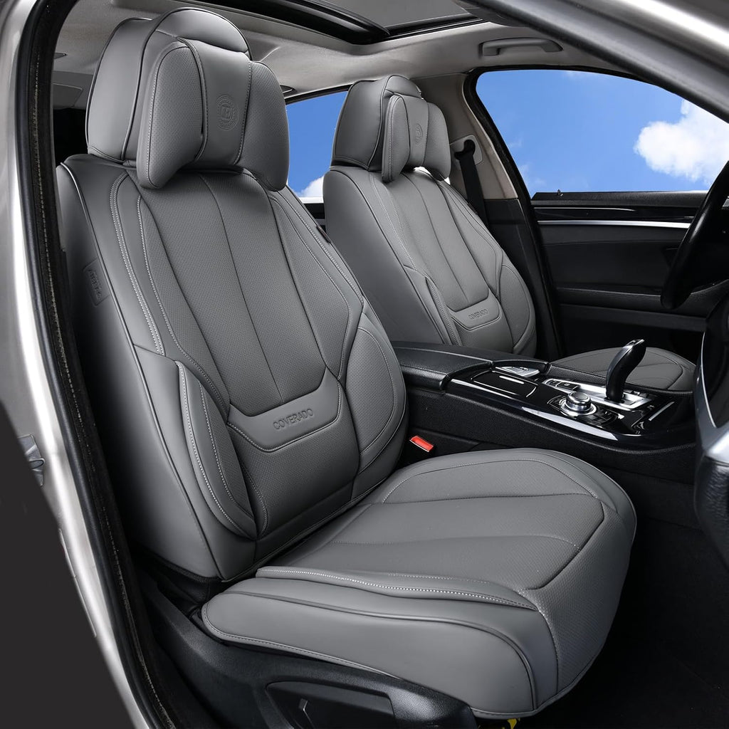 Coverado Universal Seat Covers Front, 2-Pack Waterproof Seat Covers for Cars, Universal Nappa Leather Car Seat Covers with Head Pillow, Auto Protectors Fit for Most Sedans SUV Pick-up Truck-Gray