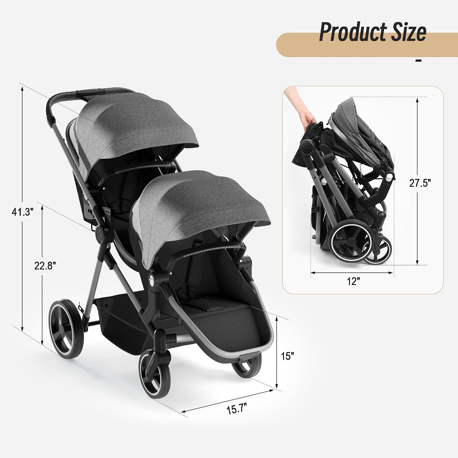 Double Stroller for Twins and Toddlers, Lightweight Aluminum Foldable Twin Stroller with Adjustable Backrest, Reversible Seat, 5-Point Harness, Storage Basket, Grey