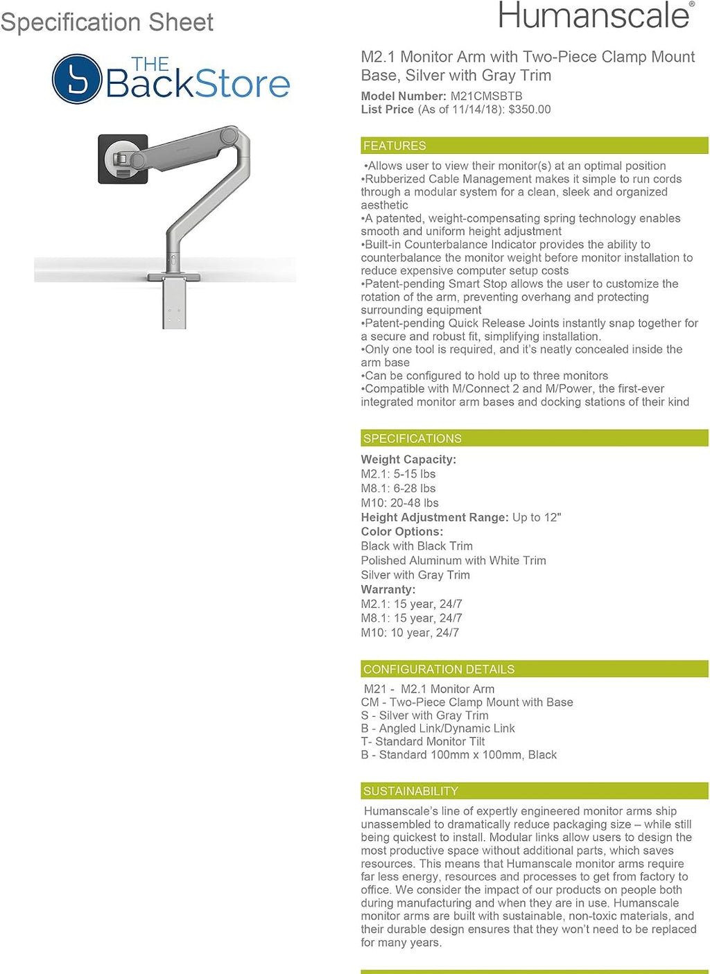 Humanscale M2.1 Adjustable Monitor Arm with Two-Piece Clamp Mount with Base - Silver M21CMSBTB