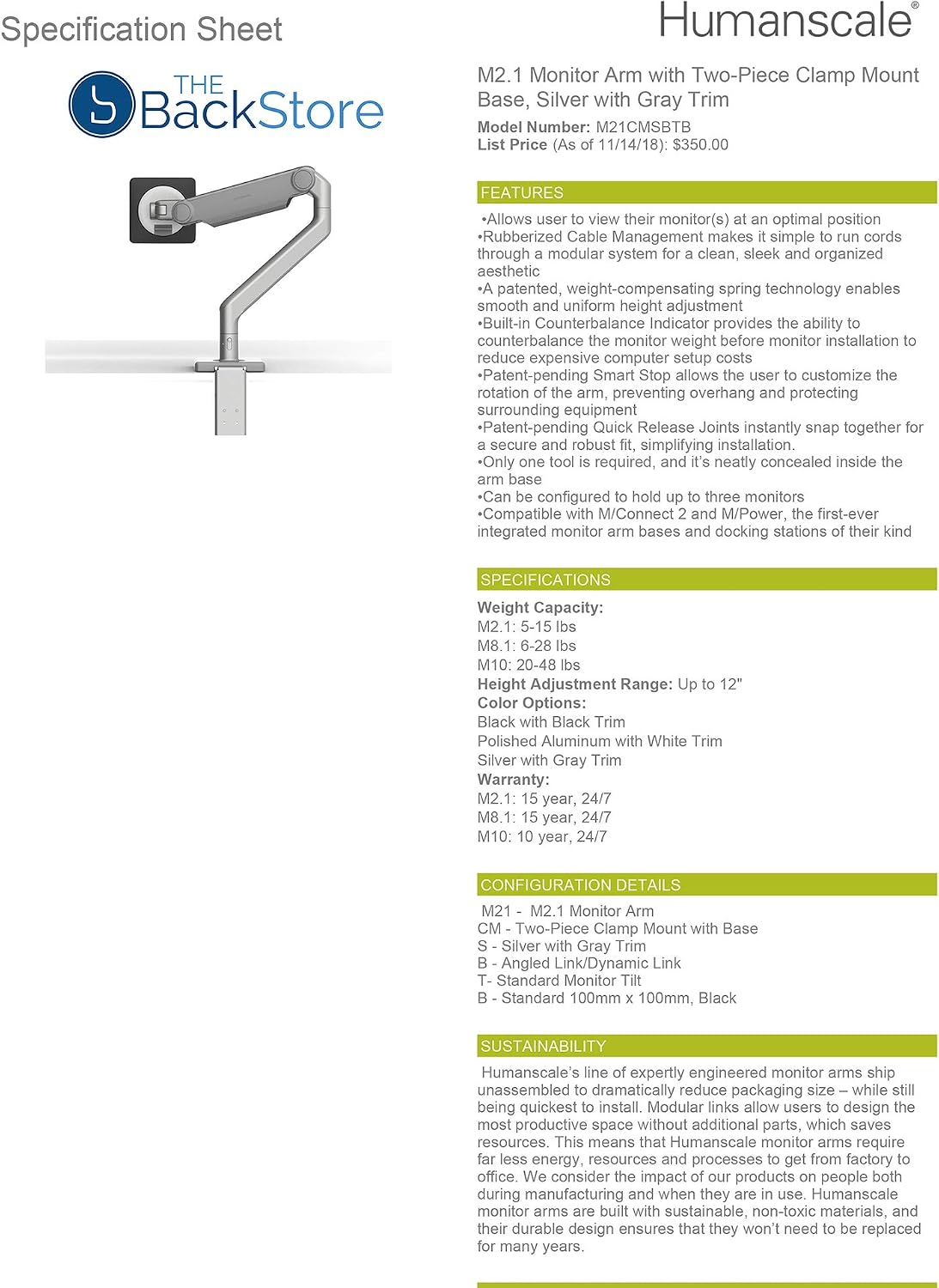 Humanscale M2.1 Adjustable Monitor Arm with Two-Piece Clamp Mount with Base - Silver M21CMSBTB