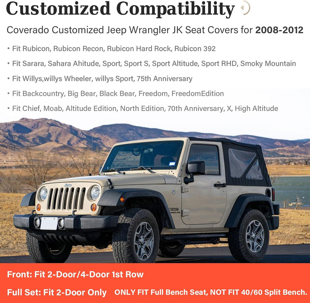Coverado Wrangler JK Seat Covers, Custom Fit for Pickup Truck Jeep Wrangler Seat Covers 2/4 Door, Waterproof Leather Car Seat Covers Cushions for Jeep Wrangler Accessories 2008-2012(Red Line)