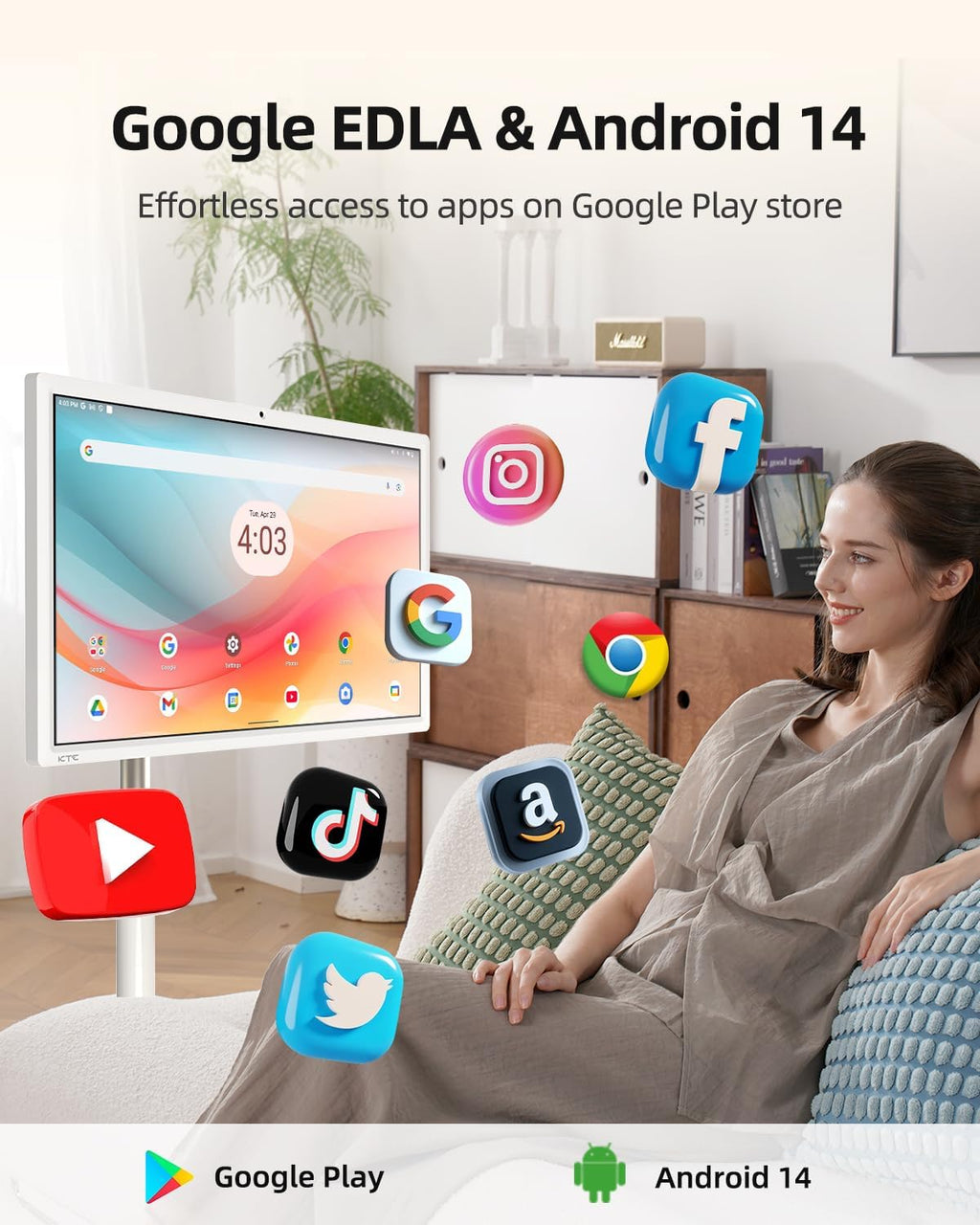 KTC MegPad 27 Inch Portable Screen TV - 1080P Touch Screen Monitor on Wheels with 8MP Camera, EDLA-Certified, Android 14, 8G+128G Storage, 9500mAh Battery,Full Swivel Rotation, Voice Remote Control