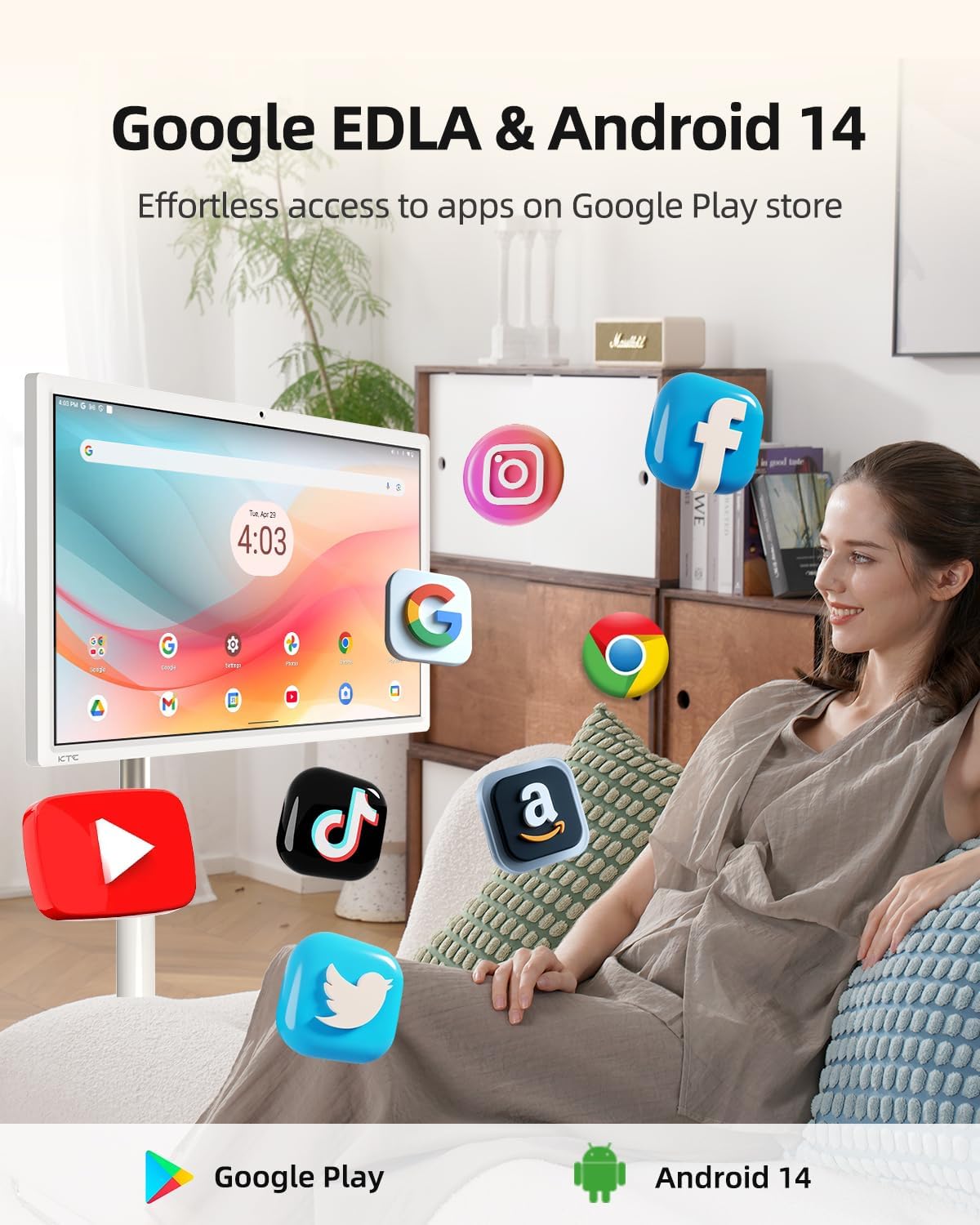KTC MegPad 27 Inch Portable Screen TV - 1080P Touch Screen Monitor on Wheels with 8MP Camera, EDLA-Certified, Android 14, 8G+128G Storage, 9500mAh Battery,Full Swivel Rotation, Voice Remote Control