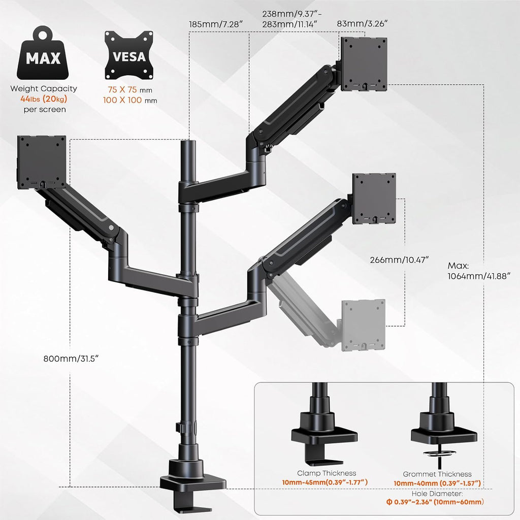 Triple Monitor Mount for up to 49-inch Screens - Heavy Duty Triple Monitor Arm Desk Mount for Ultrawide Monitors Max Load 44lbs per Screen, VESA 75x75 / 100x100 mm, Black