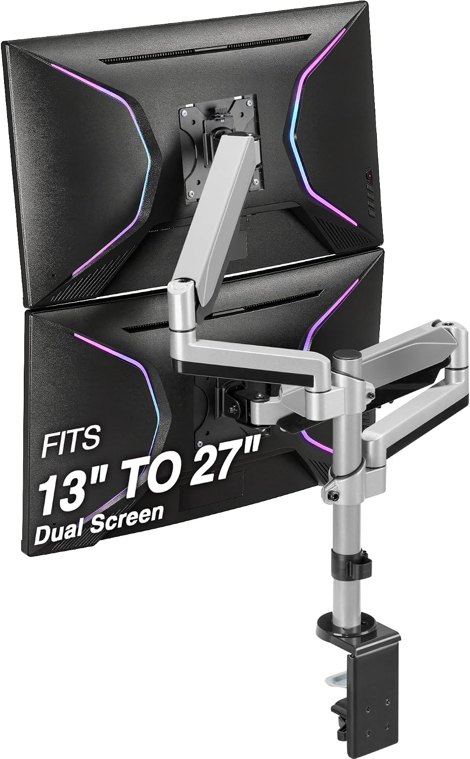 AVLT Dual 13 to 27 in Stacked Monitor Arm Desk Mount, Fits Two Flat or Curved Screens, Full Motion Height Adjustable Swivel Tilt Rotation, VESA C-Clamp Grommet Cable Management