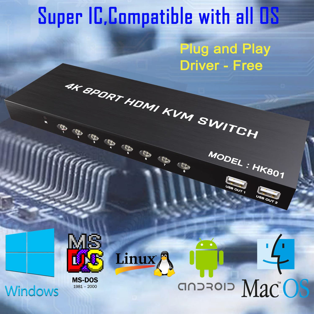 HDMI KVM Switch 8 Port - KVM Switcher for 8 Computers Share 1 Monitor & 3 USB 2.0 Devices,Keyboard Mouse Printer,Support 4K@60Hz, 8 Cables 1 IR Remote Included