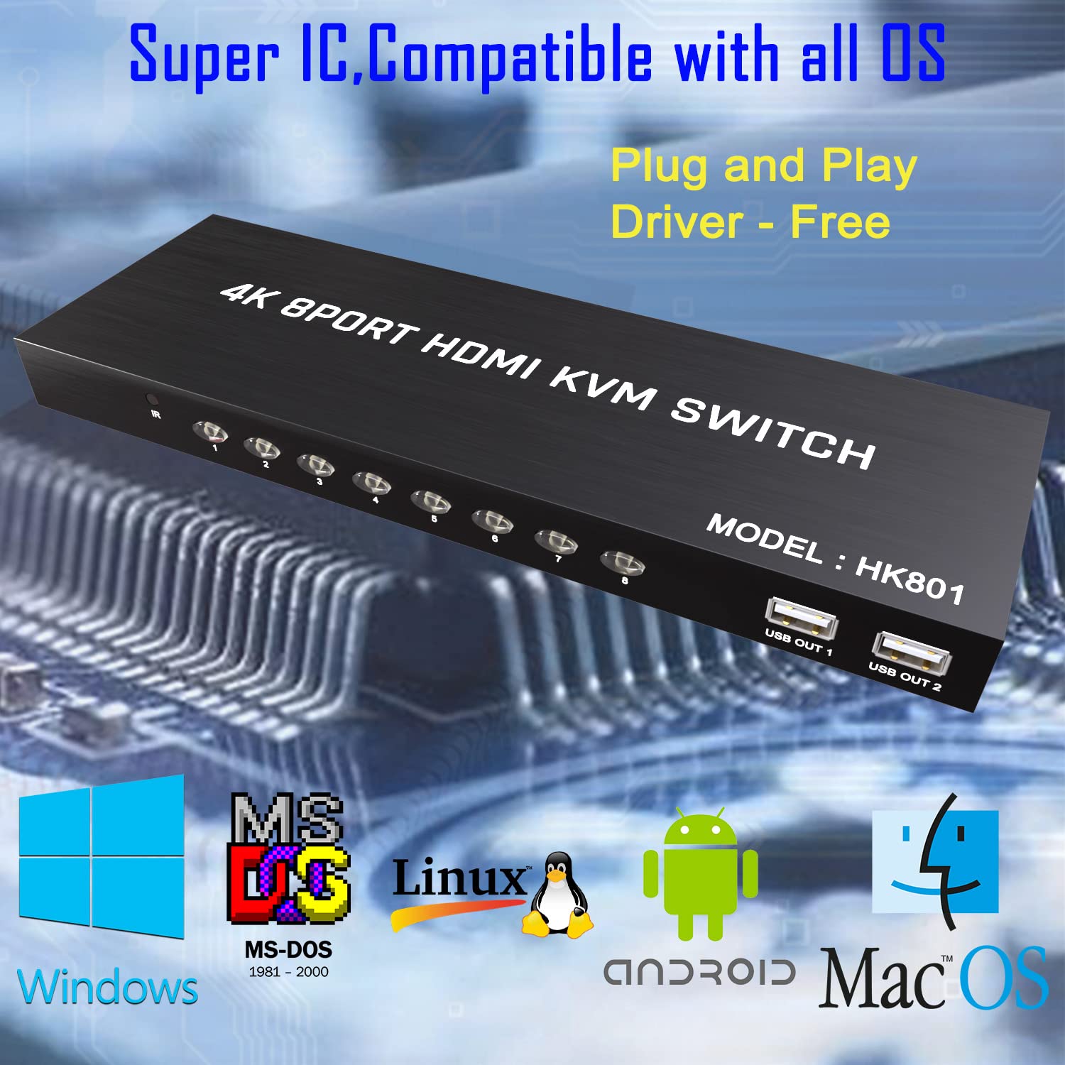 HDMI KVM Switch 8 Port - KVM Switcher for 8 Computers Share 1 Monitor & 3 USB 2.0 Devices,Keyboard Mouse Printer,Support 4K@60Hz, 8 Cables 1 IR Remote Included