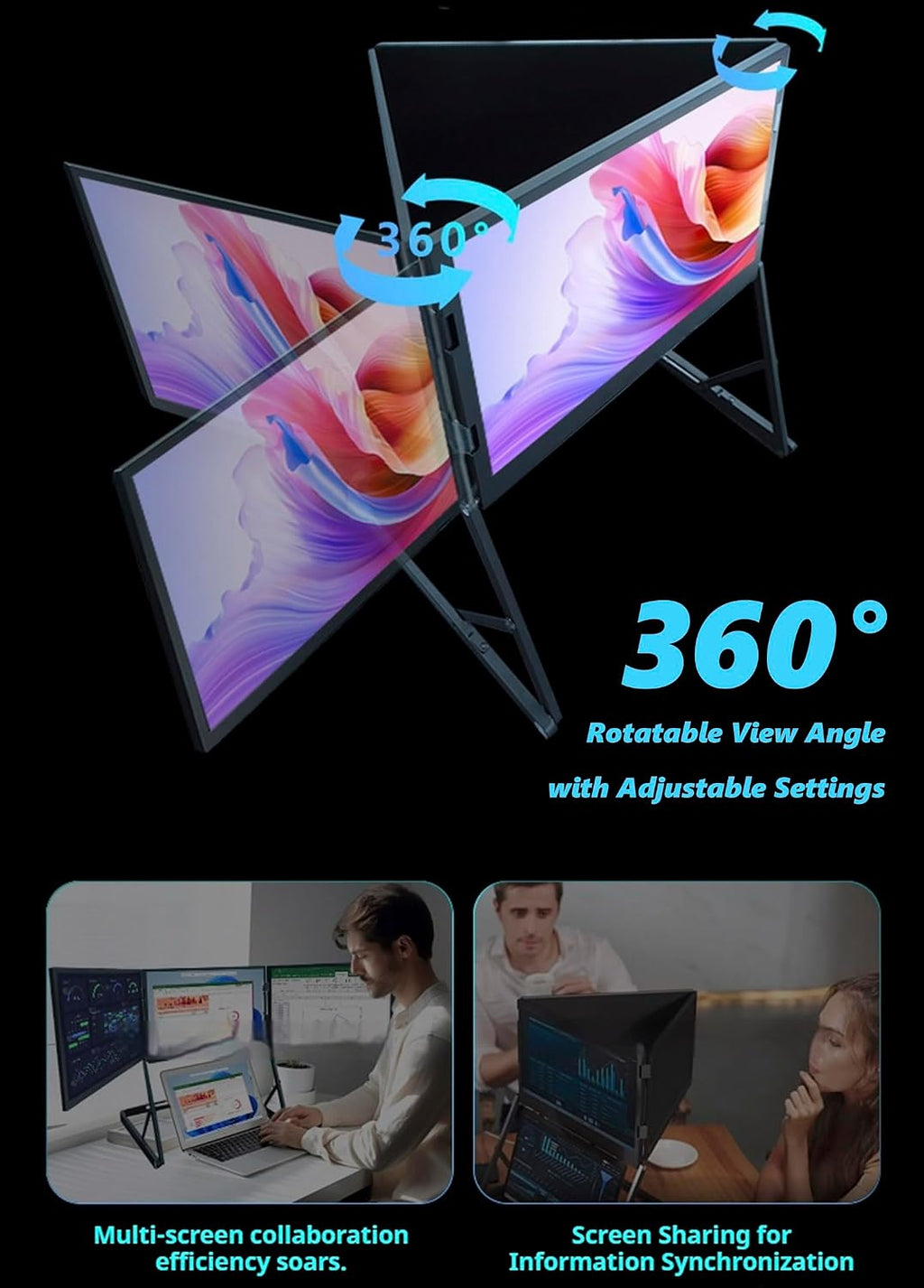 Laptop Screen Extender Triple Monitor Mount Stand Triple Screen Laptop Monitor Extender, Portable 3 Screen Display with Single USB-C, Foldable Aluminum Multi-Monitors for Office (1 Set)