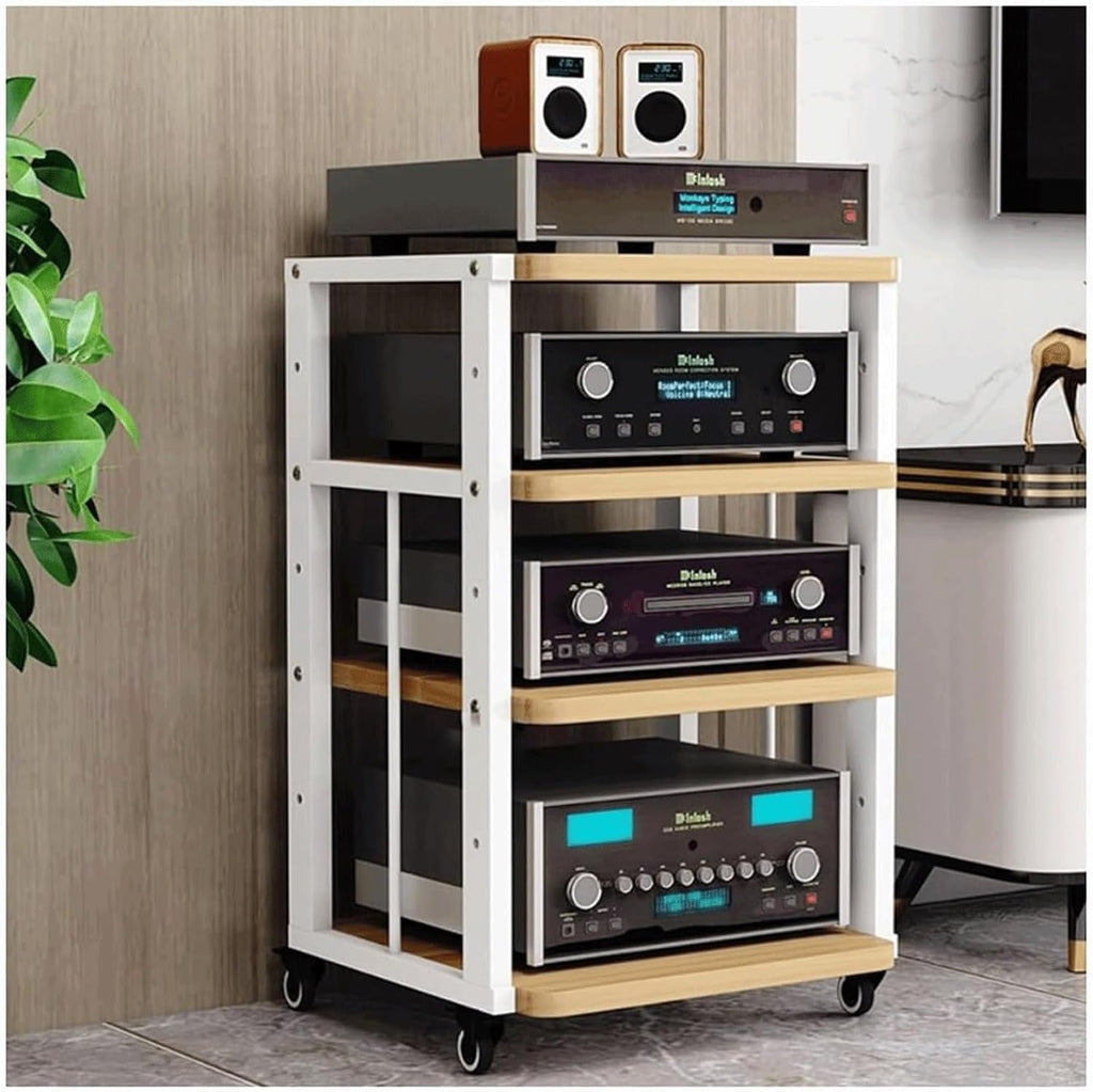 Audio Rack Movable Stereo Rack Audio Equipment Rack Audio Open Stereo Shelf with Wheels HiFi Rack Adjustable Audio-Video Shelving(Natural,4 Tier)