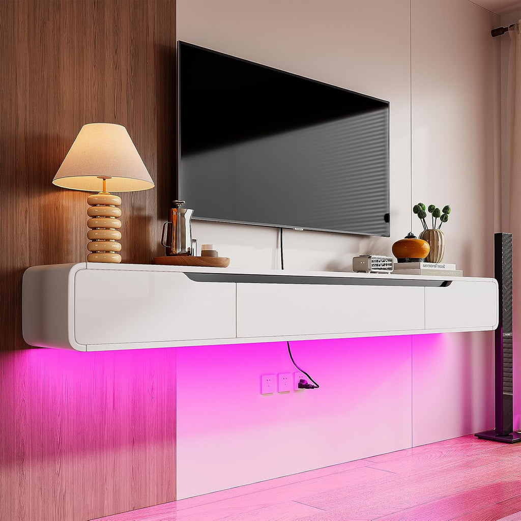 Fully-Assembled Floating TV Stand with Drawers, 55IN High Gloss Wall Mounted Entertainment Center, Modern Media Console with Storage, Under TV Shelf for Bedroom Living Room White