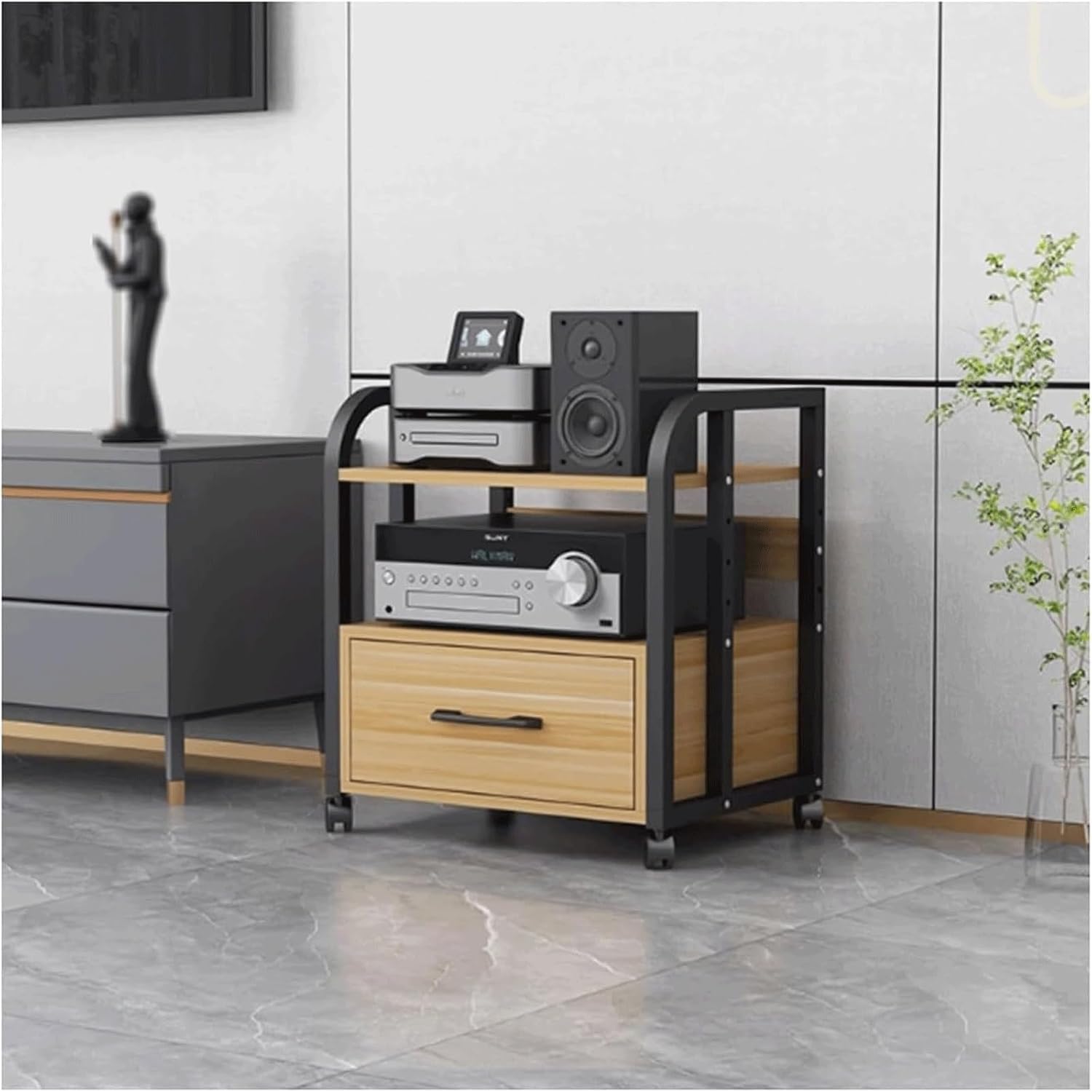 Audio Rack 2/3/4 Tier Stereo Rack Audio Equipment Rack Audio Open Rack Cabinet Wooden with Drawer AV Stand with Adjustable Shelves(Natural,58.5cm)