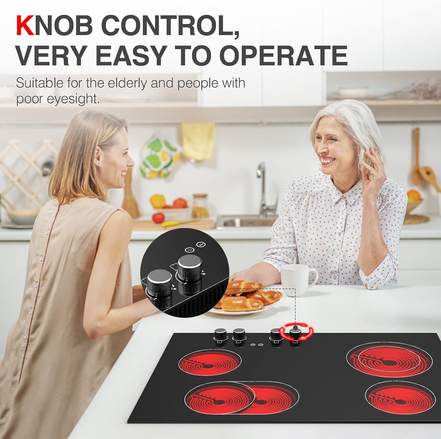 Electric Cooktop, 30 Inch Built-in Electric Smoothtop with 4 Elements, Touch & Knob Control, 9 Heating Levels, Child Lock, Timer, Hot Surface Indicator, 6800W Electric Stove Top Hot Plate