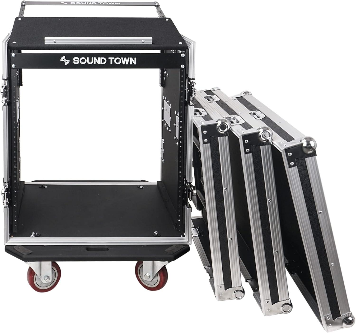 Sound Town Enhanced 1/2' (12mm) Plywood 12U PA DJ Rack/Road Case with 11U Slant Mixer Top, 20'' Rackable Depth, DJ Work Table and Casters, 12-Space ATA Case, Pro Tour Grade (STMR-S12UWT)
