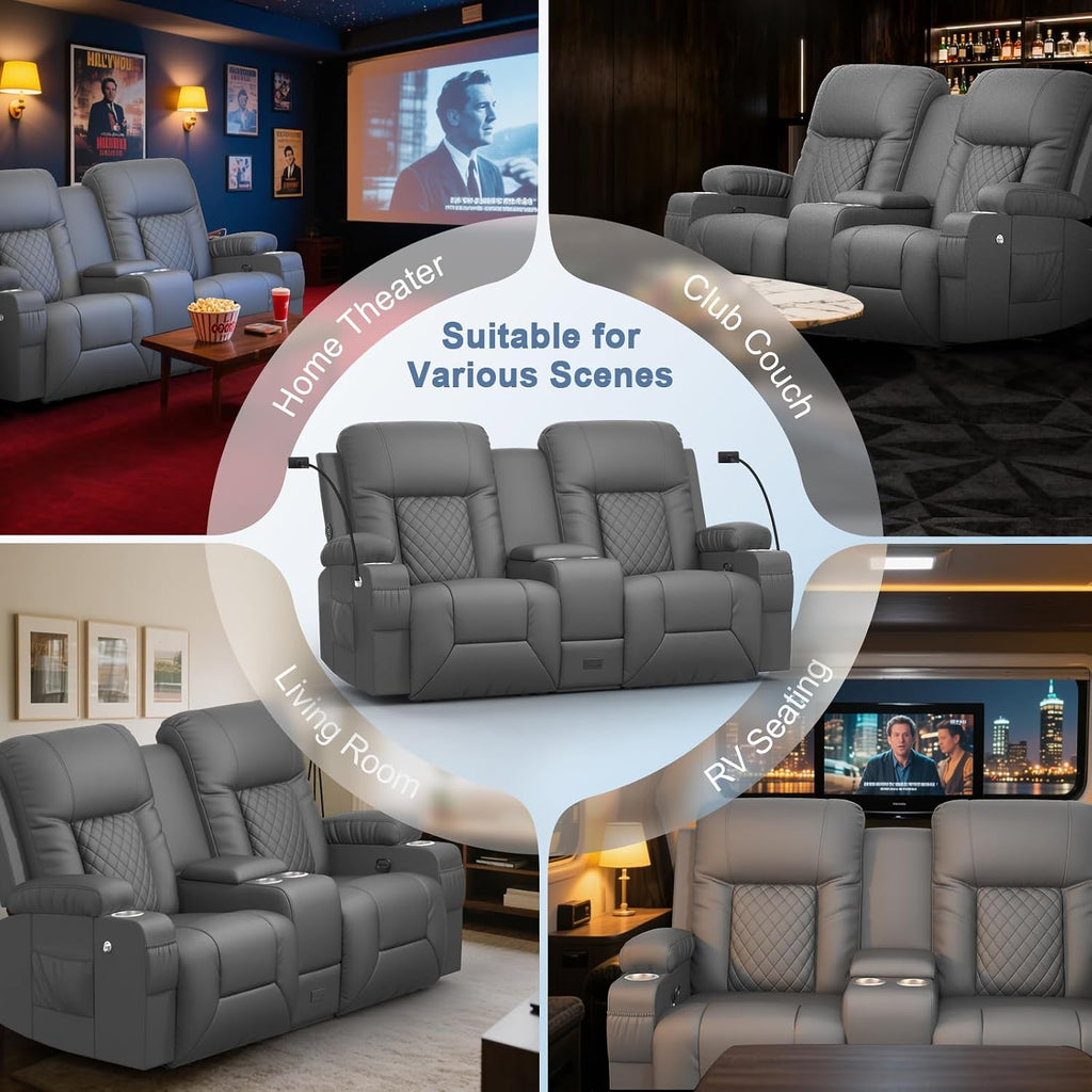 Loveseat Recliner Sofa, Home Theater Seating with Center Console, Reclining Loveseat RV Couch with USB Ports & Phone Holders, Wall Hugger RV Sofa Furniture with Storage & Pocket