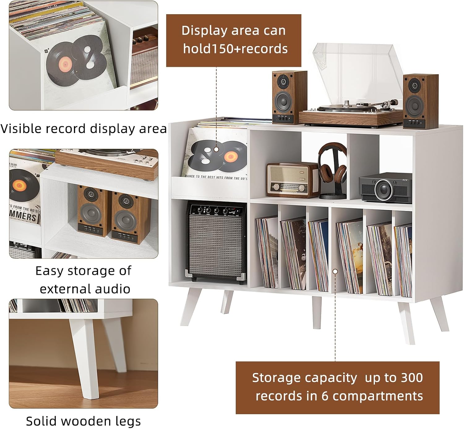 LELELINKY Large 48'' Record Player Stand with Storage, Vinyl Record Storage Holder with Display Area, Turntable Stand Record Player Table Holds Up to 450 Albums,Record Stand for Music Room Living Room