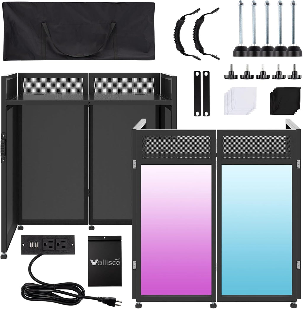 VallisCo DJ Facade Booth Table 40' x 20' - Portable Detachable DJ Booth Table Station with Computer Bracket Surface & Cable Hole, Foldable DJ Table Includes Black/White Scrims & Carry Bag for Party
