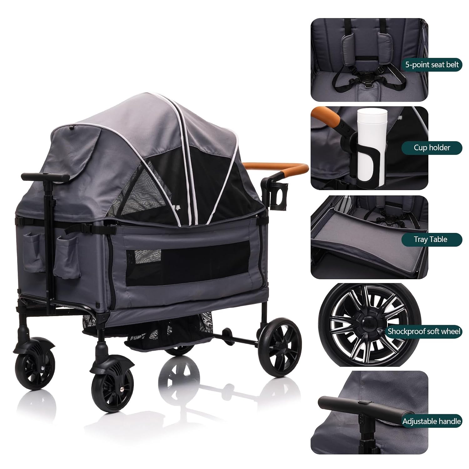 Luxury Wagon Stroller for 2 Kids & Cargo-Lightweight Foldable Travel Push Pull All-Terrain Double Wagon for Newborn&Toddler with 5-Point Harness,Adjustable Handle, Canopy,Tray Table,Cup Holder