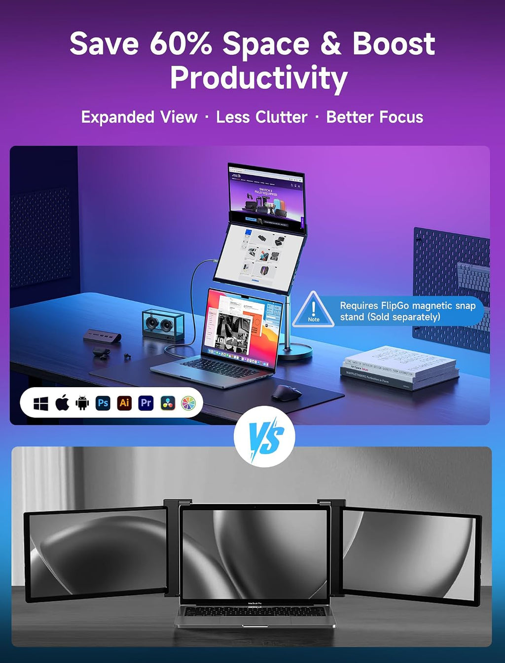 JSAUX FlipGo Pro 15.6' Dual Portable Monitors, 1080P FHD IPS Dual Screen Monitor, Triple Screen Laptop Monitor Extender for Wins/macOS (Driver Required) with Magnetic Design/Plug & Play/Built-in Hub