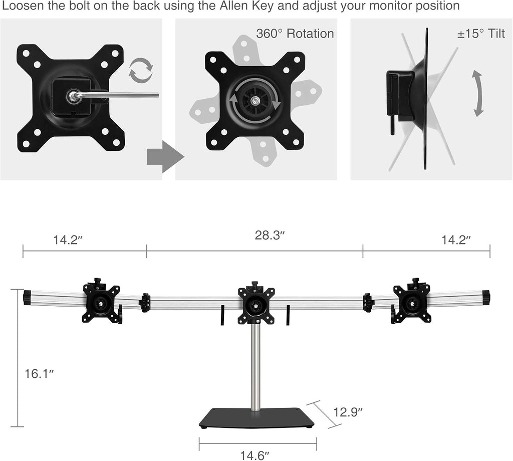 SIIG Premium Aluminum Triple Monitor Stand - 3 Monitors 13' to 27' Up To 17.6 lbs VESA 75 and 100 (CE-MT2111-S1)