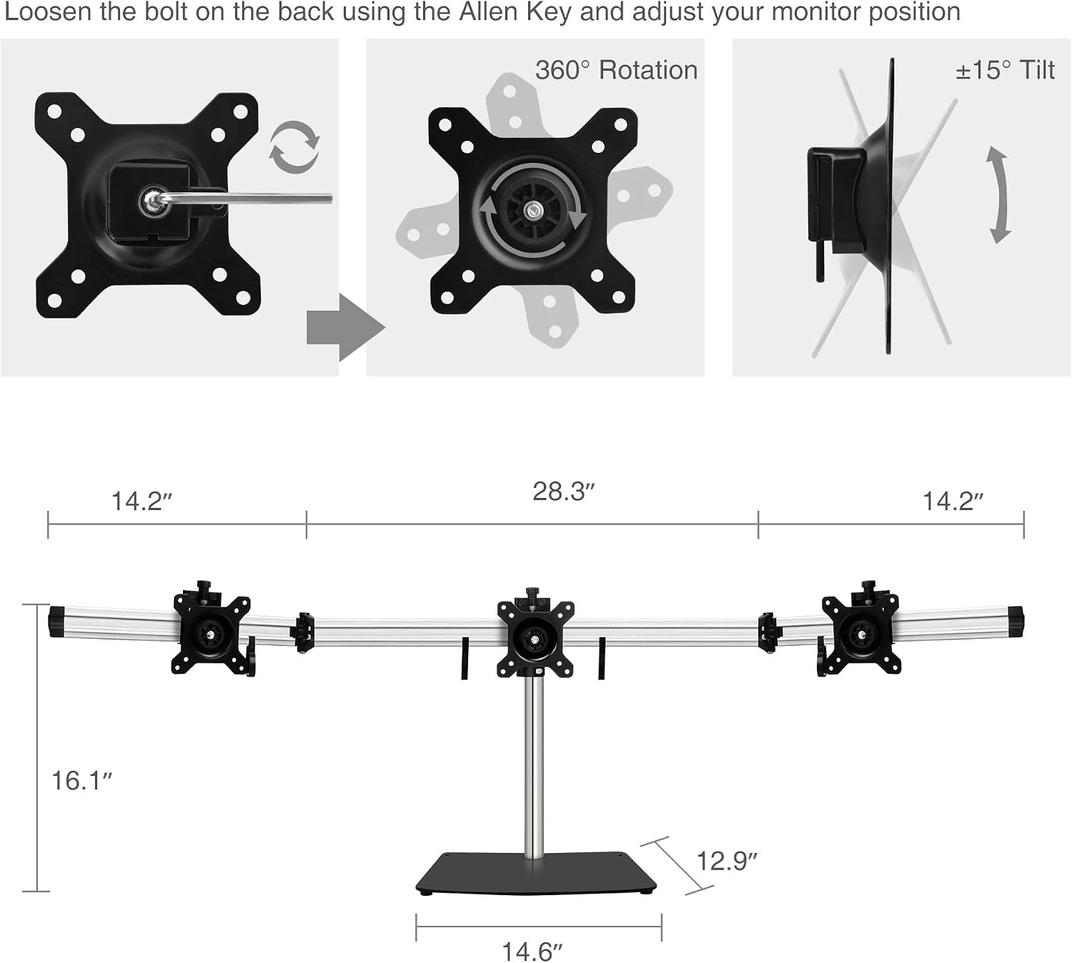 SIIG Premium Aluminum Triple Monitor Stand - 3 Monitors 13' to 27' Up To 17.6 lbs VESA 75 and 100 (CE-MT2111-S1)