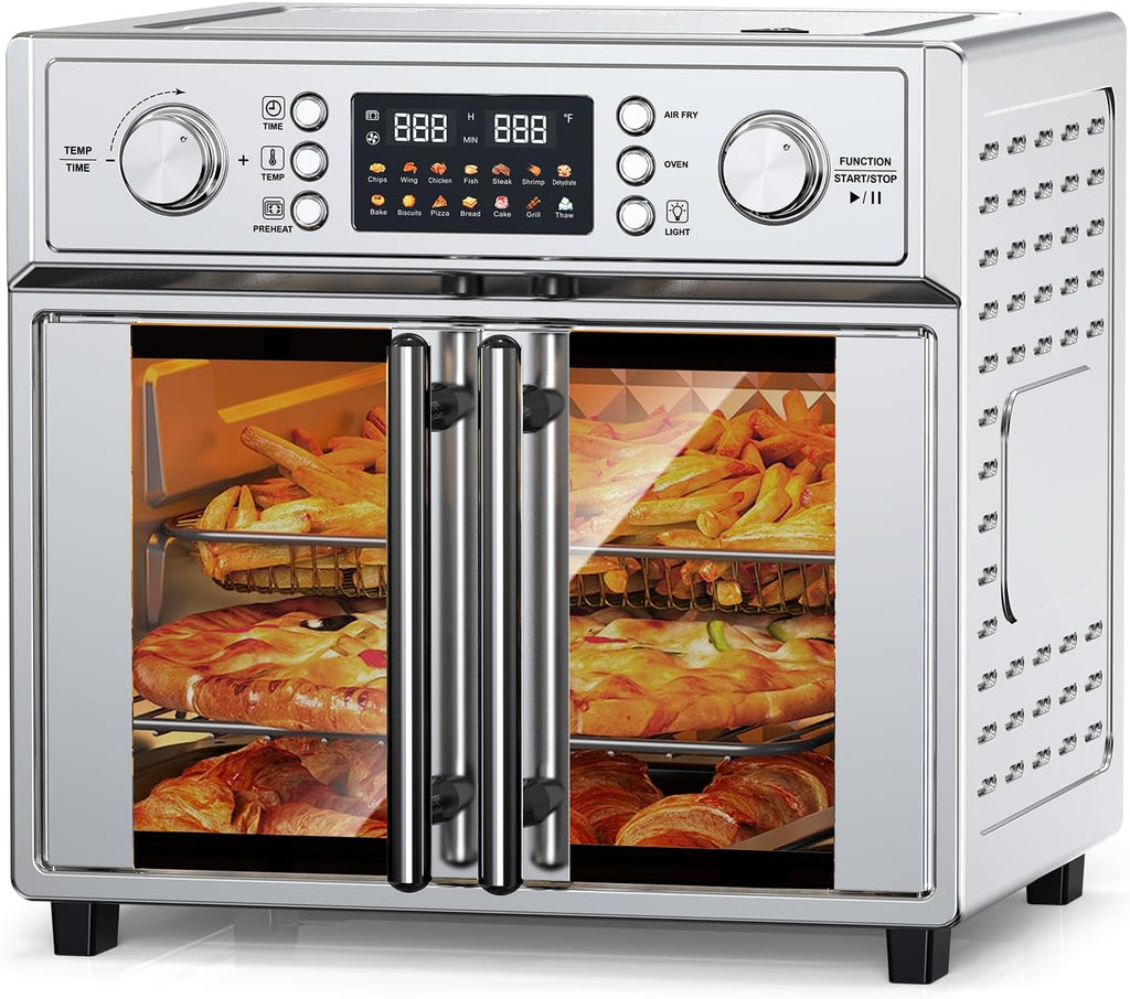 Plum chef 27.5QT French Door Air Fryer Toaster Oven Combo, Countertop Oven with 14 Presets & Digital Control, Extra Large Toaster Oven for Baking, Roasting, Accessories Includes,Stainless Steel