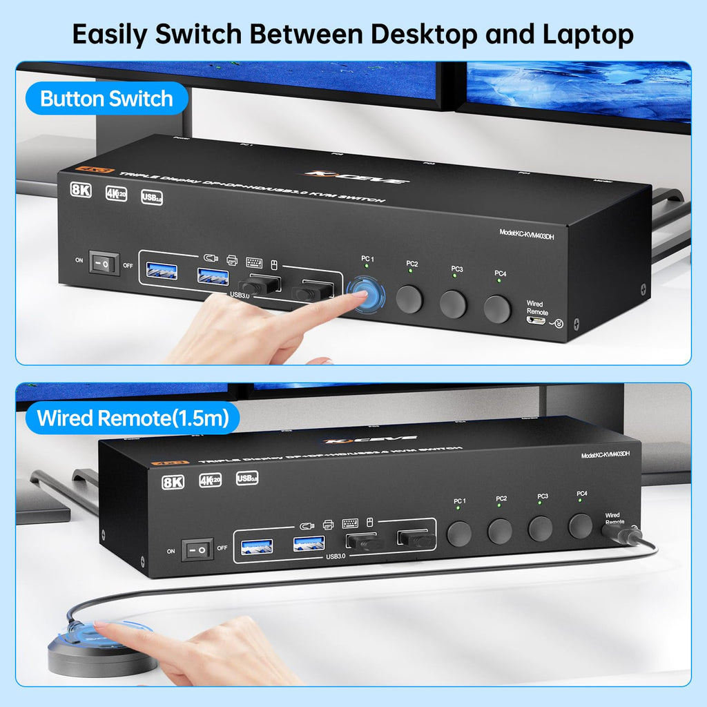 KVM Switch 3 Monitors 4 Computers 8K@60Hz 4K@144Hz, HDMI +2 Displayport Triple Monitor KVM Switch with 4 USB Ports for Keyboard Mouse,Support Extended/Copy Mode, with Wired Remote and 4 USB Cables