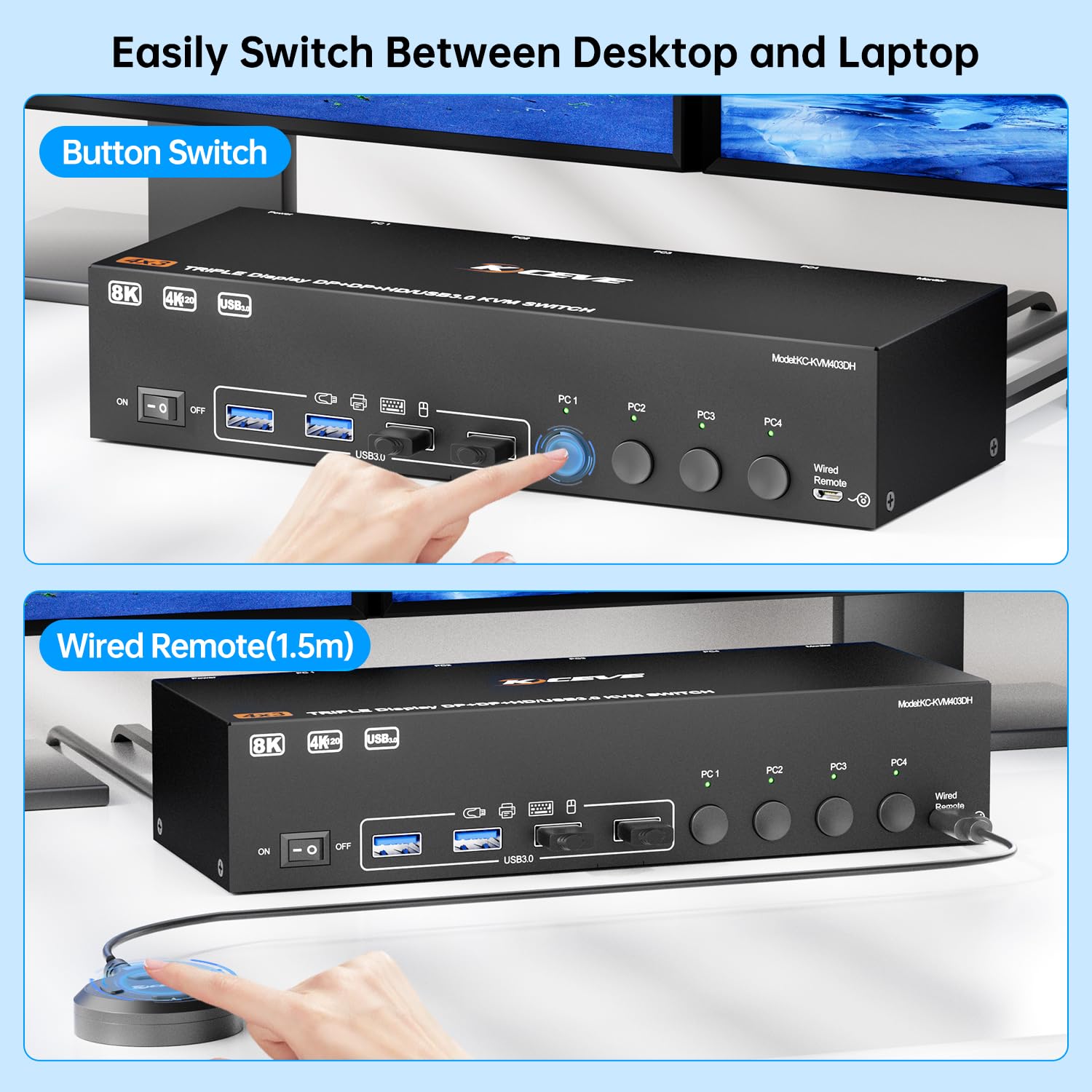 KVM Switch 3 Monitors 4 Computers 8K@60Hz 4K@144Hz, HDMI +2 Displayport Triple Monitor KVM Switch with 4 USB Ports for Keyboard Mouse,Support Extended/Copy Mode, with Wired Remote and 4 USB Cables