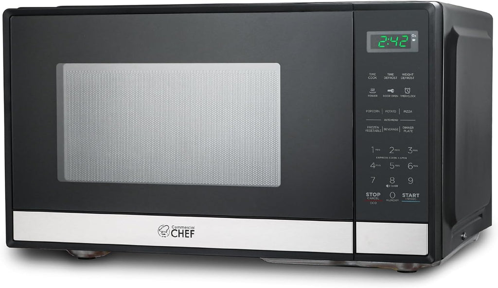 Commercial CHEF Small Microwave 0.9 Cu. Ft. Countertop Microwave with Touch Controls & Digital Display, Stainless Steel Microwave & 10 Power Levels, Outstanding Portable Microwave with Pull Handle