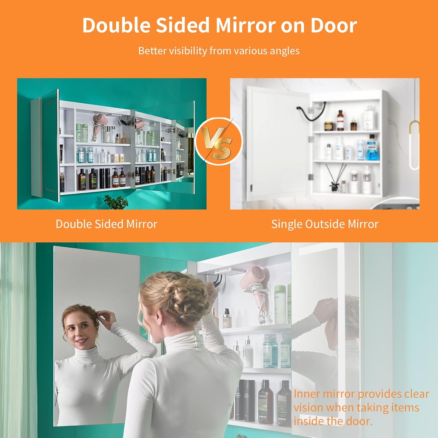FCH LED Medicine Cabinet with Smart Mirror, 48' Wide Bathroom Medicine Cabinet with Bluetooth& Speaker, Clock, Room Temp Display, Defog, Stepless Dimming, 3-Color Temper Change, Outlets & USBs