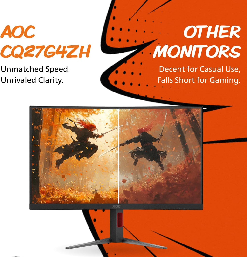 AOC CQ27G4ZH 27' Curved Gaming Monitor, QHD 2K 2560x1440, 1500R VA, 300Hz 0.3ms MPRT, HDMI x2, DP x1, Height Adjustable Stand, HDR, 3-Year Zero-Bright-dot