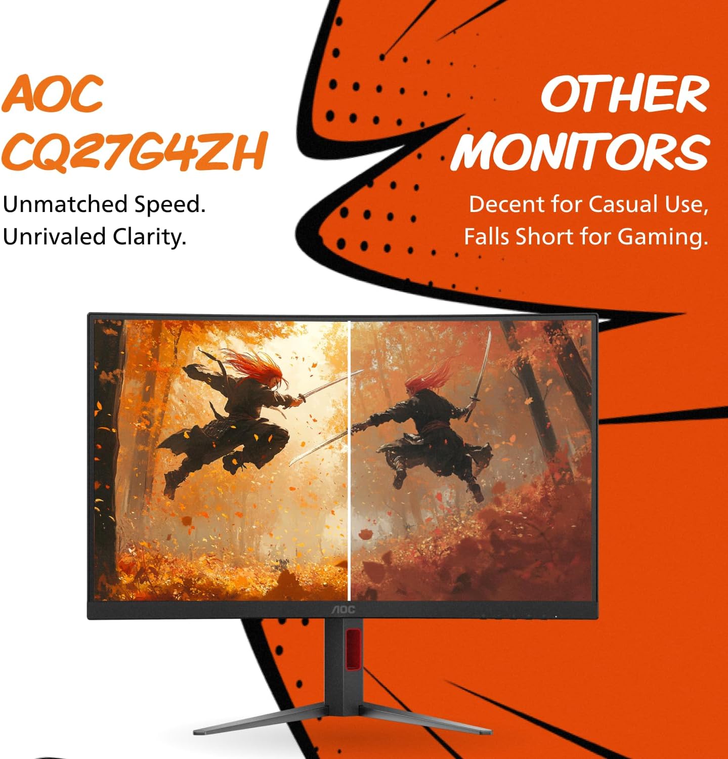 AOC CQ27G4ZH 27' Curved Gaming Monitor, QHD 2K 2560x1440, 1500R VA, 300Hz 0.3ms MPRT, HDMI x2, DP x1, Height Adjustable Stand, HDR, 3-Year Zero-Bright-dot
