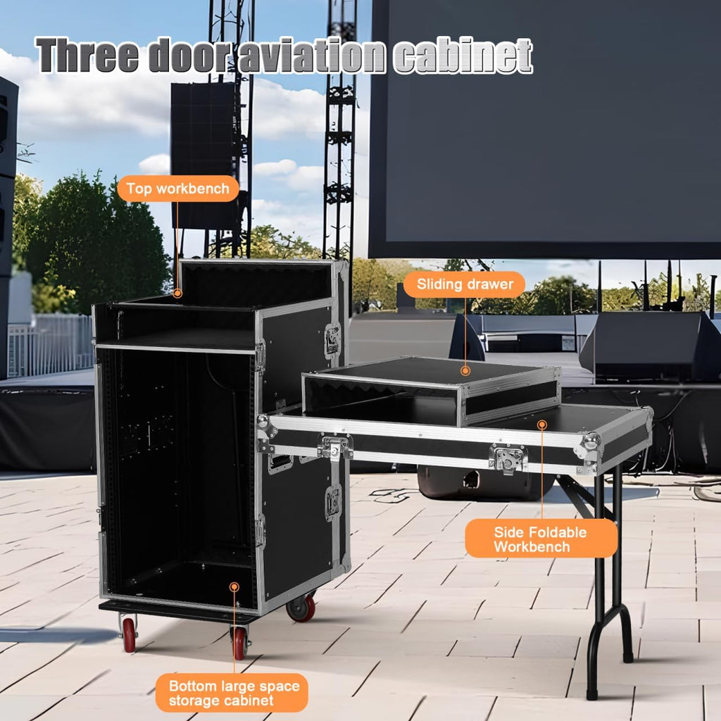 16u Dj Road Case, Recording Studio Rack Stand With Audio Mixer Stand & Wheels, Portable Media Storage Cabinet for Stage Performance Professional Audio Storage