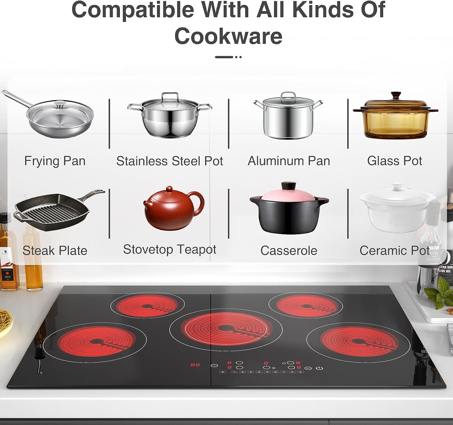 VBGK Electric cooktop 30 inch, 5 burner Electric Stove Built-in and Countertop Stove Top, LED Touch Screen,9 Heating Level, Timer & Kid Safety Lock, 240V 30 inch cooktop