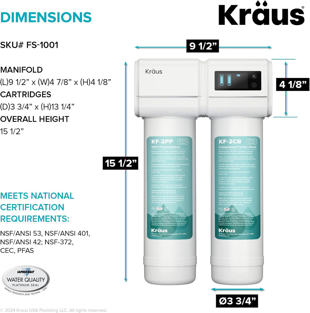 KRAUS Purita 2-Stage Under Sink Water Filtration System with Digital Display Monitor, FS-1001
