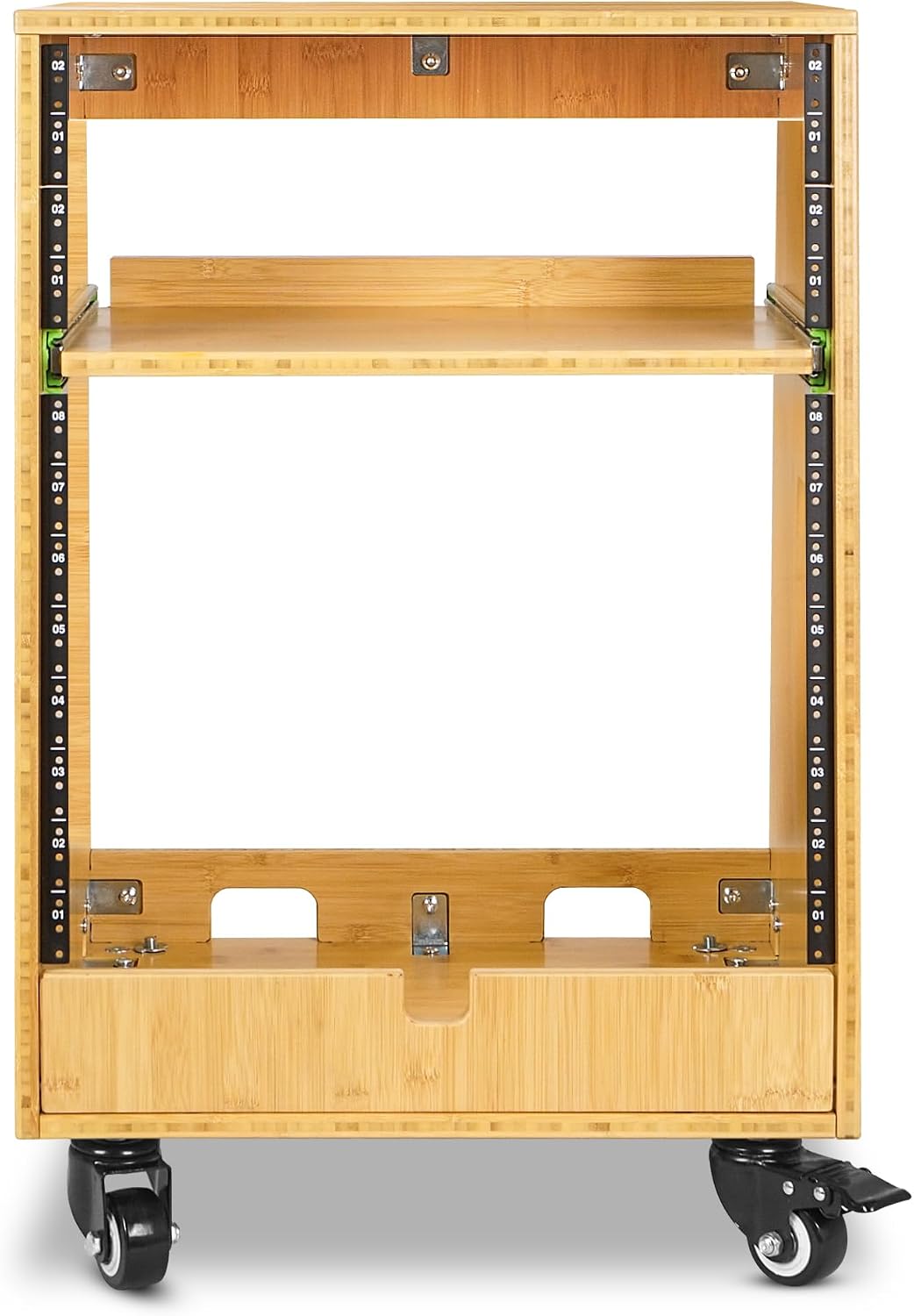 Sound Town DIY Solid Carbonized Bamboo Slanted 12U Studio Rack (4U Top + 8U Lower), with 2U Bottom Storage, Slide-Out Tray, Caster, For Recording Room, Home Studio (STBR-ST12T)