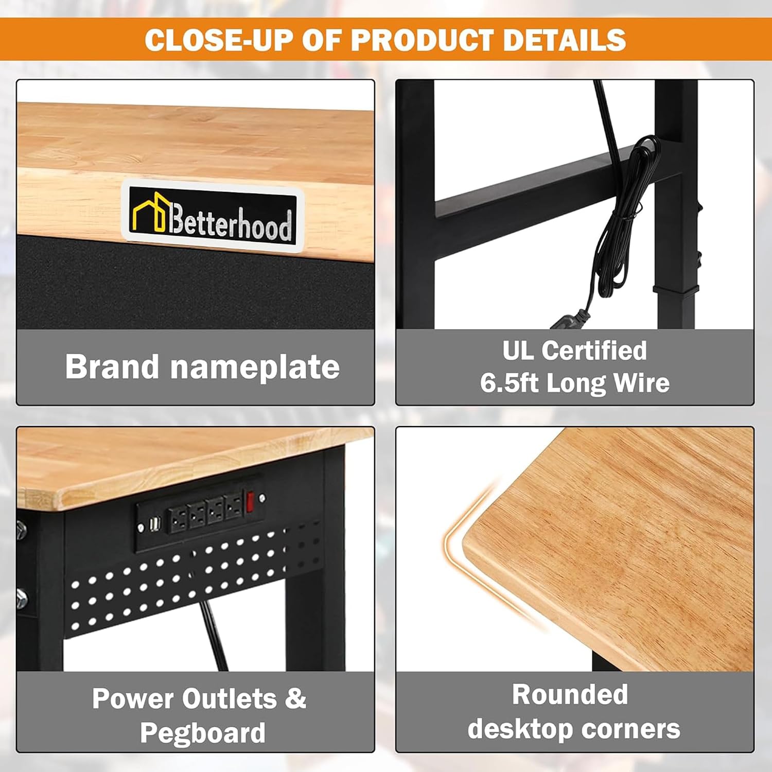 Betterhood 60' Adjustable Workbench on Wheels, Rubber Wood Heavy Duty Workstation with Power Outlets & Pegboard, 2000LBS Load Capacity Hardwood Worktable for Workshop, Garage, Office, Home, Commercial