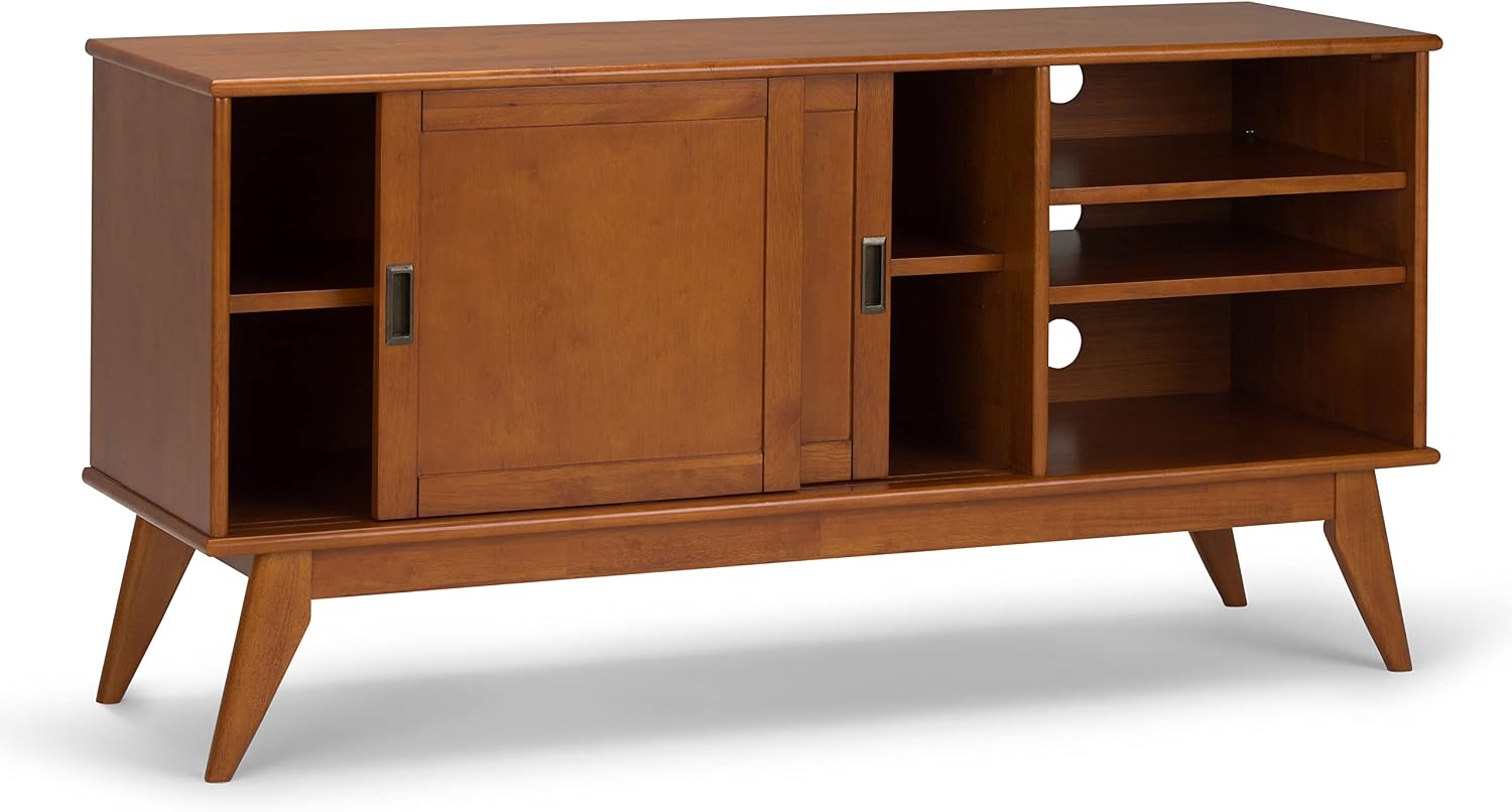 SIMPLIHOME Draper TV Stand - 60 inch Wide Solid Wood Media Console in Teak Brown, Mid Century Modern Entertainment Center for Living Room for TVs up to 65 Inches with Shelves and Cable Management