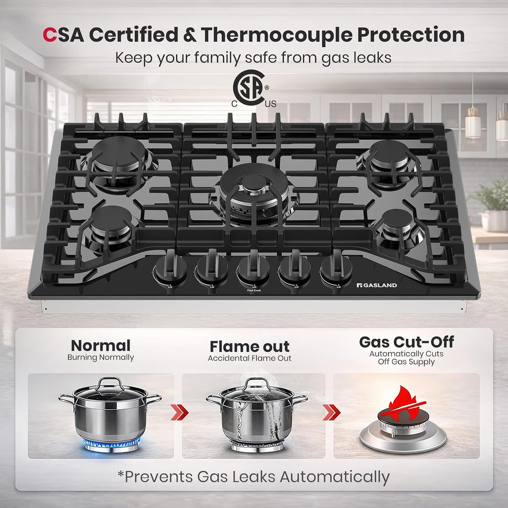 GASLAND Gas Cooktop 30 Inch Black, 5 Burner Propane Stove Top, Built-in Gas Cooktops NG/LPG Convertible, Plug-in with Thermocouple Protection, CSA Certified, Black