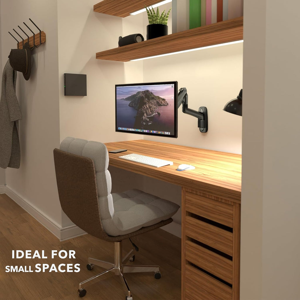 Mount‑It! Heavy‑Duty Wall Mount Arm for 49″ Curved & Ultrawide Monitors, Gas‑Spring Full Motion, 23.5″ Reach, 44 lb Capacity, VESA 75/100, Single‑Stud Install