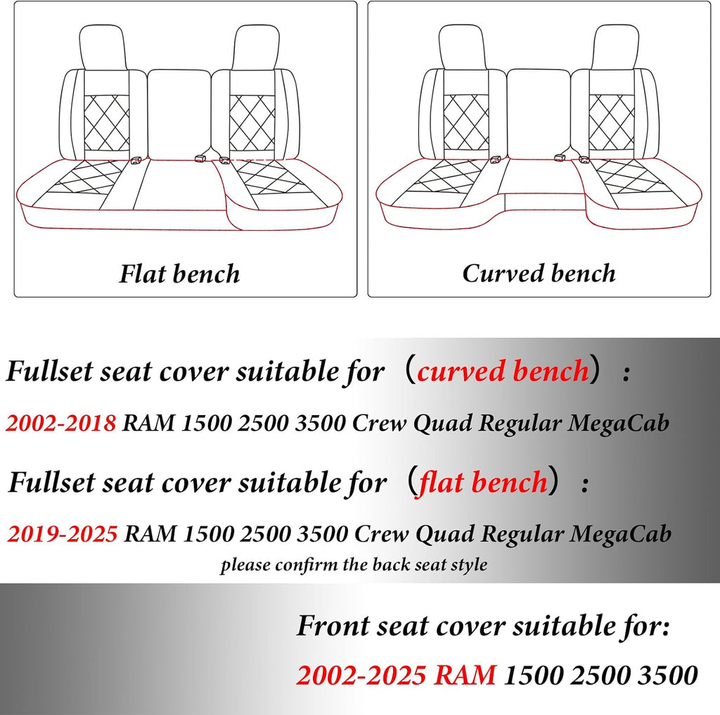 Coverado Car Seat Covers Full Set, Leather RAM 1500 Seat Covers Protectors Compatible with 2002-2026 Dodge RAM 1500 2500 3500 Crew Double Mega Quad Cab with Flat Bench, Black