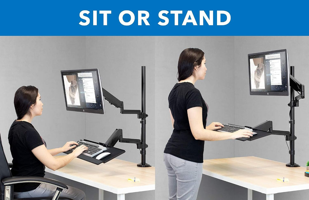 Mount-It! Sit-Stand Monitor Arm Desk Mount with Keyboard Tray, Single Monitor Fits Up to 32', Height Adjustable Gas Spring, Full Motion Articulating Arm, Clamp or Grommet, Black
