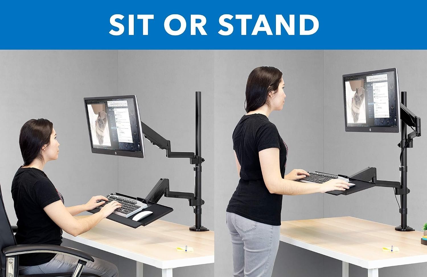 Mount-It! Sit-Stand Monitor Arm Desk Mount with Keyboard Tray, Single Monitor Fits Up to 32', Height Adjustable Gas Spring, Full Motion Articulating Arm, Clamp or Grommet, Black