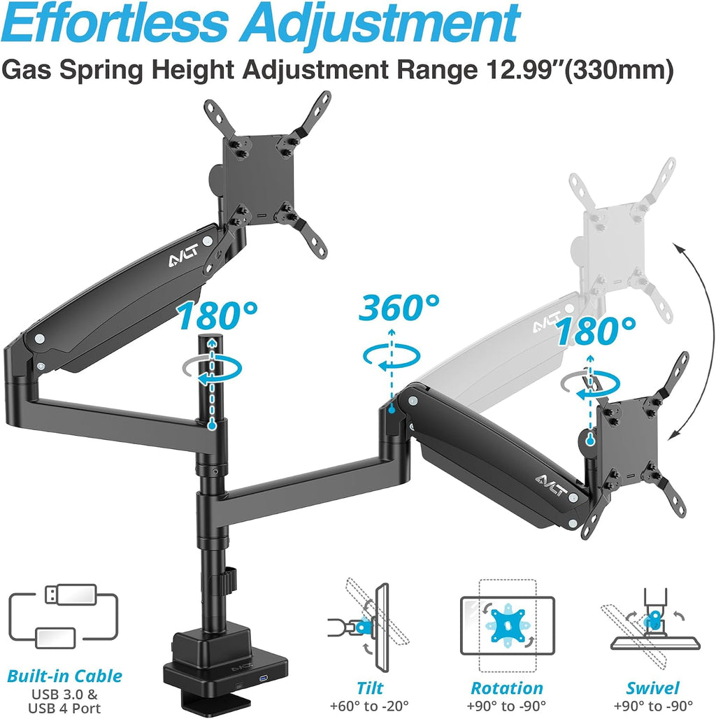 AVLT Dual 57 Inch Heavy Duty Stacking Monitor Arm Pole Top Mount with USB-C&A Ports-Black, Height Adjustable, Easy Install Top C-Clamp/Grommet w/Reinforcement Plates, VESA Compatible 200/100/75