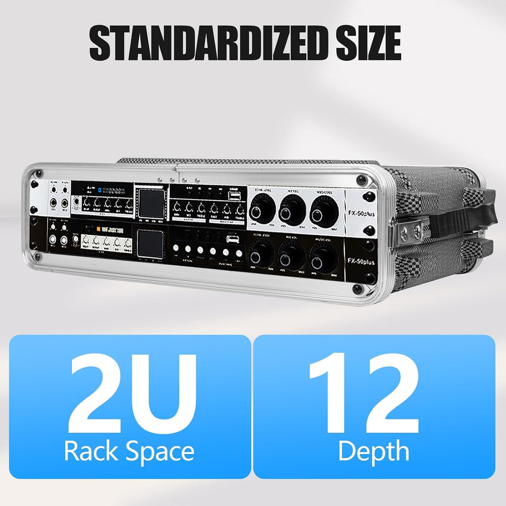 2U ABS Rack Case Shallow 12' Depth, 19' Rackmount Flight Road Travel Case, Waterproof Protective Hard Case with Customized Foam, Wireless Mic System Storage/Amp/Effect/DJ Mixer