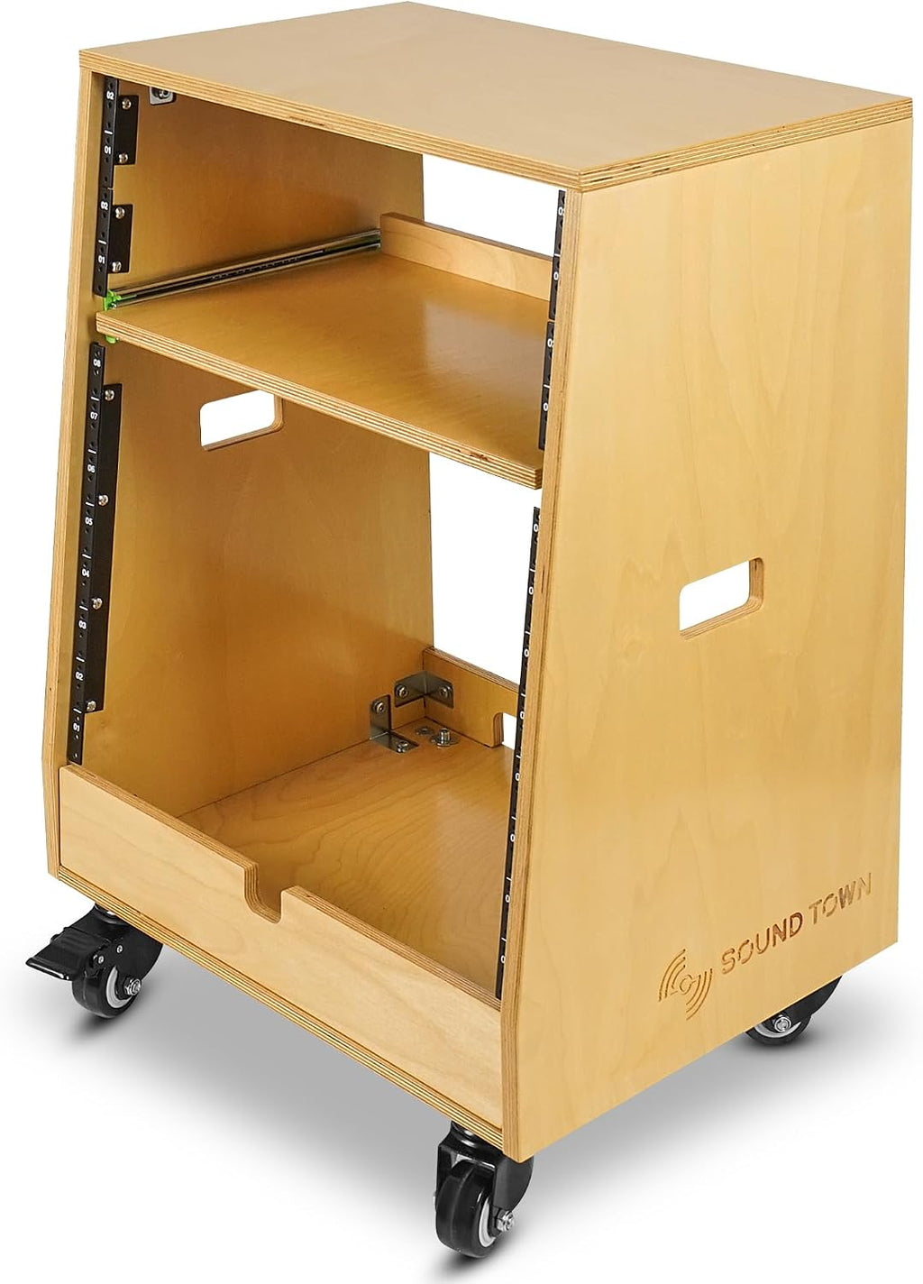 Sound Town DIY Slanted 12U Studio Rack (4U Top + 8U Lower), with 2U Bottom Storage, Slide-Out Tray, Caster, Plywood, Golden Oak for Recording Room, Home Studio (SDRK-ST12T)