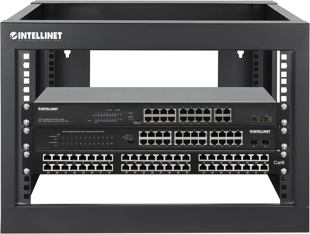 Intellinet 6U 19' 4 Post Open Frame Wall Mount Rack - 180 Degree Gate Swing, Pre-Assembled, Antistatic Powder Coated Steel – for IT Network Equipment & AV Devices – 3 Yr Mfg Warranty – 716031